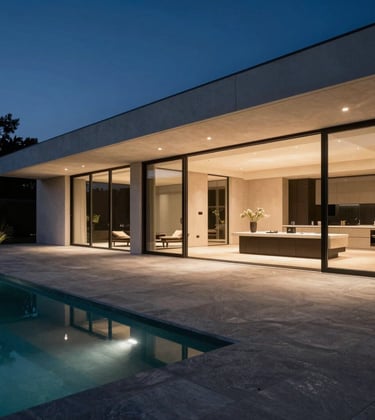 A modern minimalist mansion in Bel Air at night, with interior lights casting a warm champagne glow onto a sleek charcoal stone terrace and pool deck.