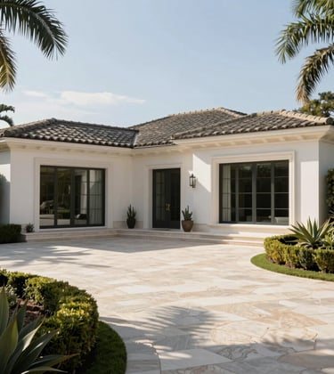 A luxury Beverly Hills estate driveway featuring manicured gardens in Muted Olive Taupe and a pristine white villa. The lighting is bright mid-afternoon sun, highlighting the sophisticated textures of the stone and glass.