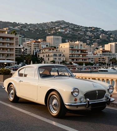 Professional photography of a luxury vintage car parked on a stone-paved street in Monaco during the golden hour. In the background, elegant Mediterranean architecture under a clear sky. Off-white and dark navy color tones. Global / Sophisticated Traveler vibe.