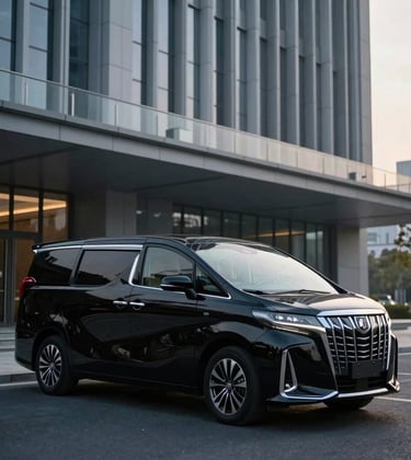 An elegant photo of a private chauffeur service waiting beside a sleek black vehicle in front of a modern architectural landmark. The lighting is early morning, with a palette of navy and cool grays. Global / Sophisticated Traveler aesthetic.