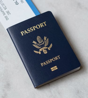 A high-quality image of an elegant passport cover in navy leather resting on a marble surface next to an airline ticket. The shot is overhead and minimalist, representing immigration and travel.