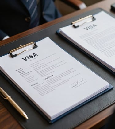A close-up photograph of a professional visa concierge service, featuring a high-end leather desk mat, a gold pen, and a stack of crisp documents in a muted blue folder. The lighting is soft and focused, emphasizing trustworthiness and luxury. Global / Sophisticated Traveler context.