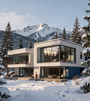 A wide-angle shot of an exclusive modern mountain retreat in Aspen, surrounded by snow-dusted pines. The architecture features large glass panels reflecting the crisp morning sun. Luxury aesthetic with off-white and slate blue details. Global / Sophisticated Traveler vibe.