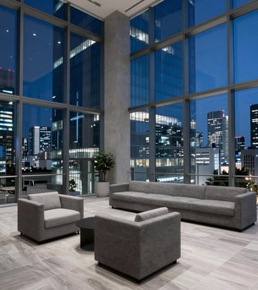 A sleek, contemporary glass skyscraper interior in Tokyo at night, showing a high-end lounge area with minimalist furniture. Panoramic views of the city lights outside. Slate blue and light blue ambient lighting. Global / Sophisticated Traveler vibe.