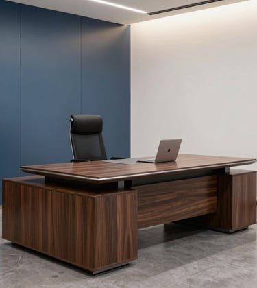 A high-end professional photograph of a modern office environment. A sleek, executive desk made of polished dark wood is paired with an ergonomic chair. The background shows a minimalist South Asian / Indian corporate office with steel blue and off-white walls, emphasizing functional beauty and refined elegance.