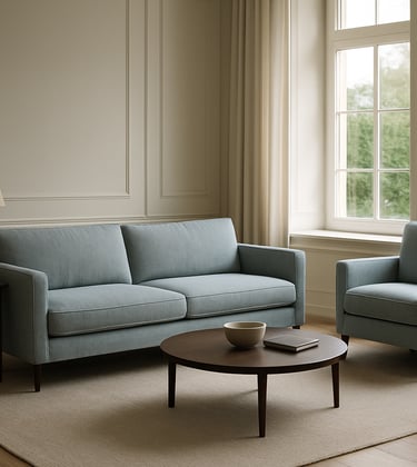 A sophisticated South Asian / Indian home living room featuring a custom-manufactured light blue-grey sofa set. The room is styled with refined elegance, featuring clean lines, off-white walls, and large windows that let in soft, natural light, highlighting the high-quality textures of the furniture.