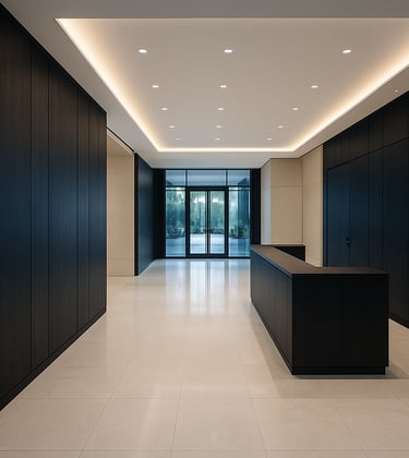 A wide shot of a professionally designed interior office lobby in India featuring clean lines, off-white marble floors, and bespoke dark navy wooden panels.