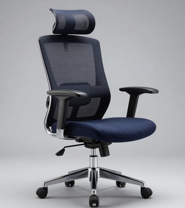 A high-quality ergonomic office chair in dark navy fabric with a polished metal base, shown in a studio setting with a light grey background.