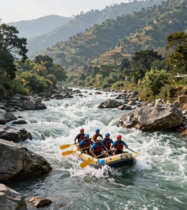 A professional photograph of white-water rafting on the fast-flowing Ganges River in Rishikesh, framed by lush South Asian hills under bright afternoon sunlight, capturing high-energy adventure travel.