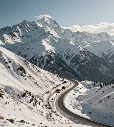 A stunning landscape photograph of the iconic snow-covered peaks surrounding Solang Valley and the Atal Tunnel, with a clean winding mountain highway, soft high-altitude sunlight.