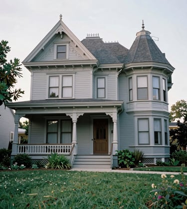 A historic Victorian home in a North American / Southern US neighborhood, featuring intricate woodwork in soft sky grey and a lush, perfectly maintained green garden.