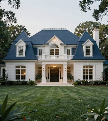 A luxury estate featuring grand architecture and lush greenery in a North American / Southern US setting, shot with a lens that emphasizes depth and sophisticated charm, using a palette of deep slate blue and pale misty white.