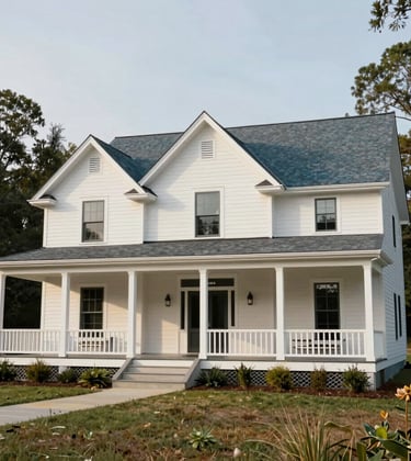 A modern Southern farmhouse with a large wraparound porch, painted in crisp off-white with muted slate blue accents, North American / Southern US landscape.