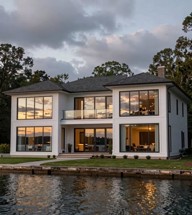 A luxurious waterfront property on a Southern lake, large glass windows reflecting the soft sky grey clouds at sunset, North American / Southern US environment.