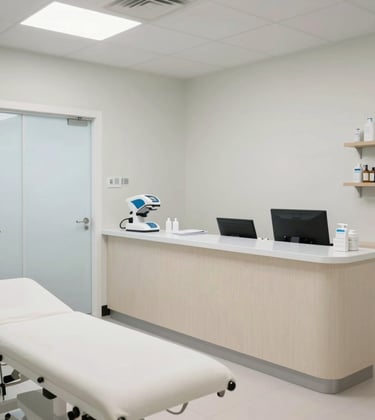 A clean, modern medical or community wellness center in a North American / US setting. The scene reflects order, quality of life, and professional care, using a palette of cool off-white and pristine mist.