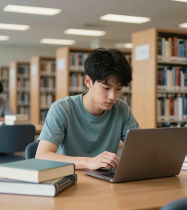 A focused student studying in a modern, quiet North American / US university library. The lighting is focused and warm, with books and a laptop on a wooden table. Subtle brand colors like soft sage blue are present in the environment.
