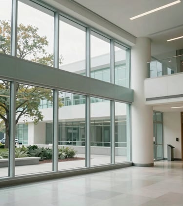 A modern and calm public healthcare atrium in North America / US, emphasizing stability and well-being. Large glass panes show a vista of soft trees. The interior uses a palette of Dusty Sage and Soft Mist White.