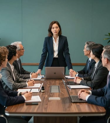A professional leadership meeting in a North American / US corporate boardroom. A group of diverse professionals are engaged in a serious, collaborative discussion. The room is decorated in tones of forest teal and deep greens.