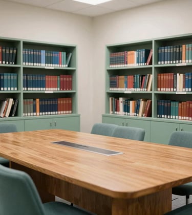 A brightly lit, organized academic environment in a North American / US university. A wooden conference table is surrounded by shelves of books. The room is decorated in tones of Muted Pine Green and Soft Mist White, feeling professional and scholarly.