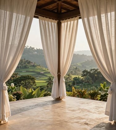 A high-end photography shot of a peaceful spa terrace at a wellness retreat. South Asian / Indian luxury setting with white linen curtains overlooking a lush green valley during the golden hour, featuring a palette of off-white and warm sand.