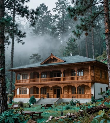 A professional photograph of a luxury wooden resort nestled in a dense pine forest in Manali. The South Asian / Indian architecture features traditional carvings, with mist rolling through the cedar trees in tones of cool seafoam and teal.