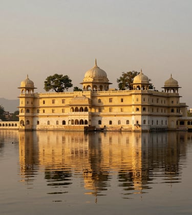 A stunning photograph of a marble palace hotel in Udaipur reflected in the still waters of Lake Pichola. The South Asian / Indian setting is illuminated by a warm tan and gold sunset, creating an atmosphere of sophisticated elegance.