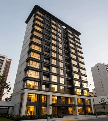 Low angle shot of a modern urban residential project in an Ecuadorian city. The building features clean black lines and gold-tinted windows, surrounded by minimalist landscaping. High-end real estate photography style.