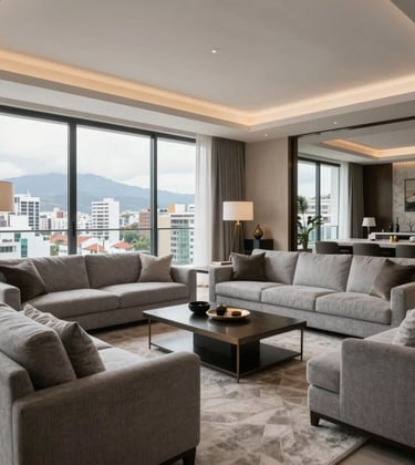 A spacious luxury living room in a South American / Ecuadorian penthouse. Features soft light gray upholstery, large floor-to-ceiling windows showing a city skyline, and elegant decor.