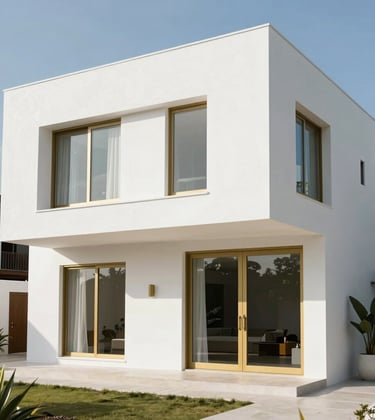 A luxury minimalist villa exterior in a South American / Ecuadorian coastal setting. Pure white facade with metallic gold window frames, sleek architectural lines, bright daylight, high-end photography.