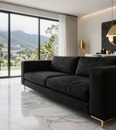 Close-up of a sophisticated interior living space in a luxury home. Features white marble floors, a black minimalist sofa, and gold decor elements. Natural light streaming through large windows in a South American / Ecuadorian setting.