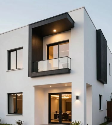 Architectural photography of the facade of a white luxury house in a premium Ecuadorian residential area. Sharp geometric shapes, black steel frames, and elegant gold lighting. Professional and high-value atmosphere.