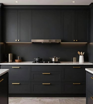 An interior shot of a sophisticated kitchen with deep charcoal black cabinetry and polished metallic gold hardware. Professional studio lighting, luxurious and corporate aesthetic.