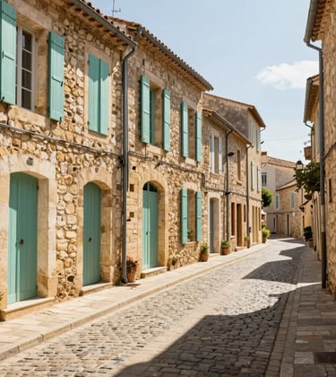 A professional photography shot of a charming cobblestone street in the heart of Pézenas. The Southern European / French architecture features shutters in muted teal and walls in warm beige stone. The scene is bright and welcoming under the afternoon sun.