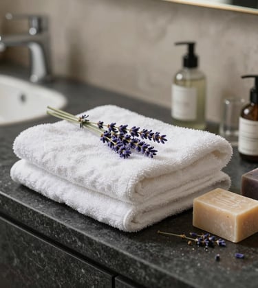 A close-up photograph of a luxurious bathroom setting in a Southern European / French villa. High-quality white towels, a sprig of fresh lavender, and artisanal soaps are arranged neatly on a dark charcoal stone counter, illuminated by soft, natural light.