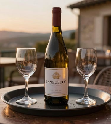 A welcome tray with a bottle of local Languedoc wine and two glasses on a terrace table at sunset, Southern European / French context.