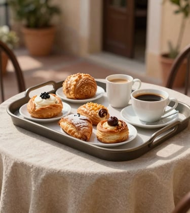 A lifestyle photography shot of an elegant breakfast tray with fresh local pastries and coffee, placed on a beige linen-covered table on a sunny terrace in Southern European / French style. Soft shadows and a warm, inviting atmosphere.