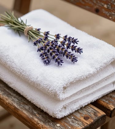 Close-up of freshly laundered white towels with a sprig of local lavender on a rustic wooden bench, Southern European / French style.