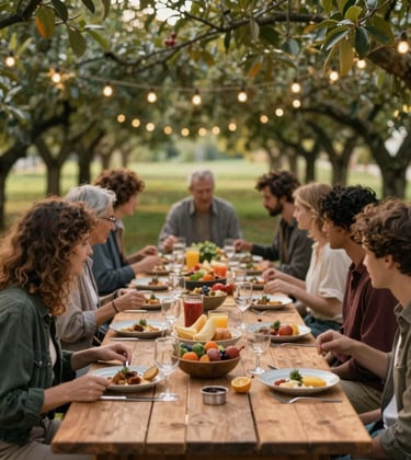 A group of people sharing a meal at a long wooden table in an orchard. String lights are hung between trees, and the atmosphere is warm and convivial. Earthy tones.