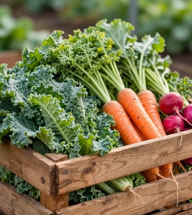 A close-up of a rustic wooden crate overflowing with vibrant green kale, earthy carrots, and bright radishes. The background is a soft, out-of-focus garden setting.