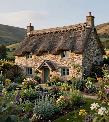 A charming, rustic stone cottage with a thatched roof, surrounded by a blooming herb garden and rolling hills under a soft afternoon sun. Focus on natural textures and #B2CAA8 tones.