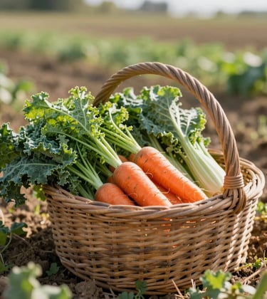 A basket of freshly harvested organic vegetables including carrots and kale, sitting in a sunlit field. The image evokes freshness and authentic quality with earthy tones of #1A2E2C and #B2CAA8.