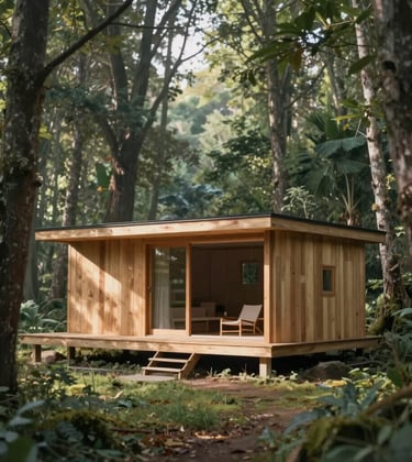 A minimalist eco-retreat cabin built from sustainable wood, nestled quietly among ancient forest trees. Soft morning shadows and a sense of absolute solitude, featuring tones of #5C8B7E.