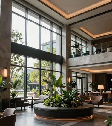 A high-end interior shot of a boutique hotel lobby featuring modern architecture, floor-to-ceiling windows, and lush indoor greenery in a North American setting. Sophisticated and inviting atmosphere with soft morning light.