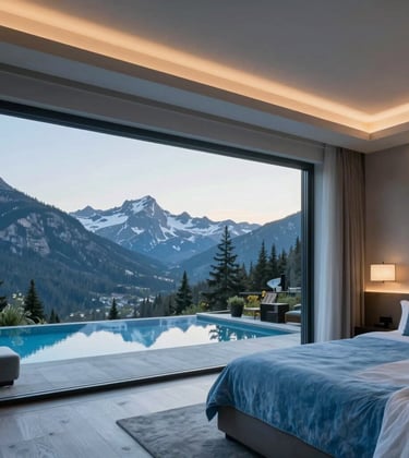 A high-end luxury resort interior with clean lines and soft blue accents, overlooking a tranquil North American mountain range, professional architectural photography.