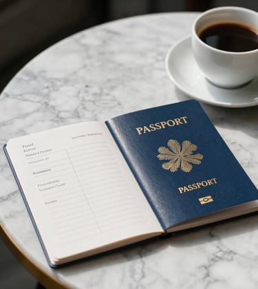 An elegant, minimalist travel itinerary and passport resting on a marble tabletop next to a cup of coffee, bright morning light, professional lifestyle photography.