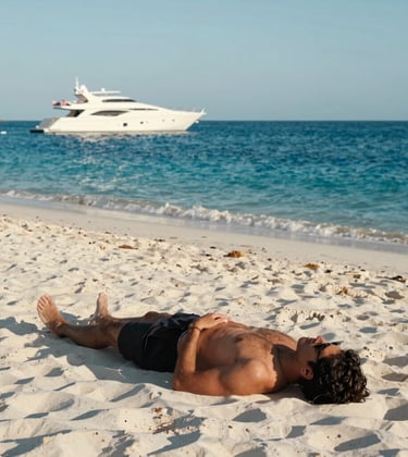 A professional photograph of a person relaxing on a pristine white sand beach in North America with a luxury yacht in the distance. The water is a vivid blue, and the lighting is warm and sun-drenched.