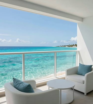 A professional photograph of a luxury resort balcony in North America overlooking a crystal clear turquoise bay. Minimalist white furniture and soft blue accents. Bright, natural daylight.
