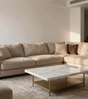A sophisticated modern living area with a large beige modular sofa, white marble coffee table with gold legs, and soft white walls. The lighting is warm and indirect, creating soft shadows and a rich, spacious atmosphere.
