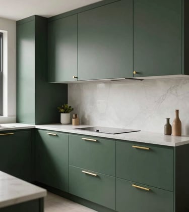 A high-end modular kitchen with matte dark green cabinetry, white quartz countertops, and metallic gold hardware. The composition is minimalist and sleek, with soft natural light coming from a side window.