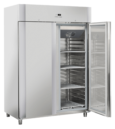 a refrigerator with a glass door and a freezer